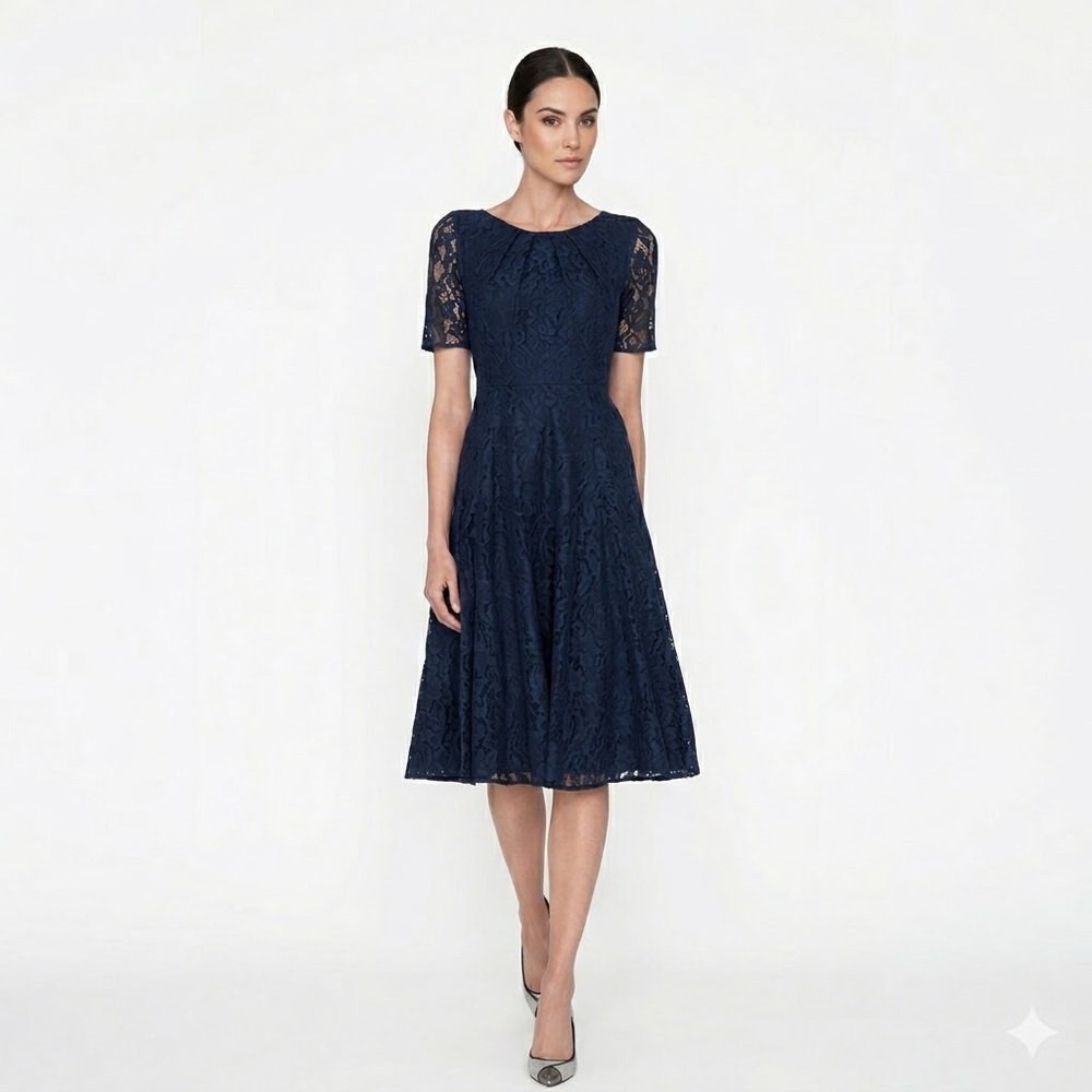 L.K Bennett Navy Blue Lace Fit and Flare Classic Midi Cocktail Dress Size 4